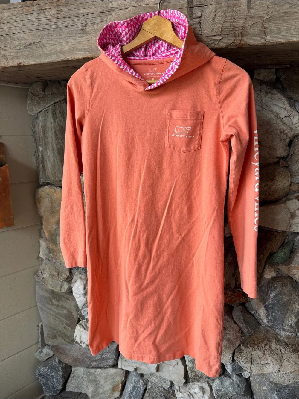 Vineyard Vines Coral Hooded Tunic with Pink Patterned Hooded Lining Girls 16